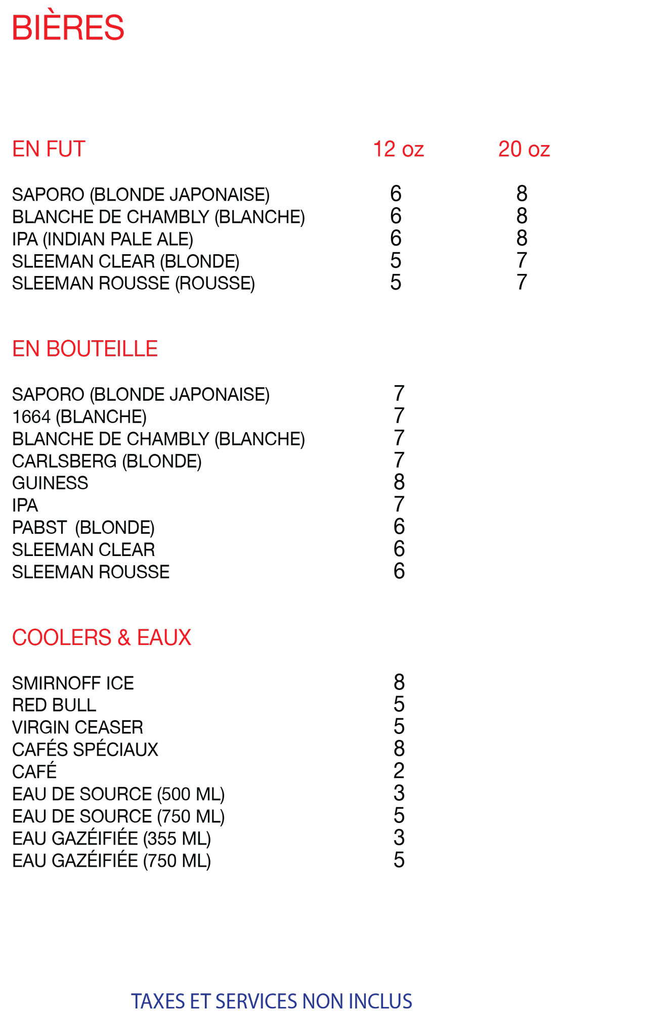 Menu du soir et de la fin de semaine du Resto-Bar La Chapelle