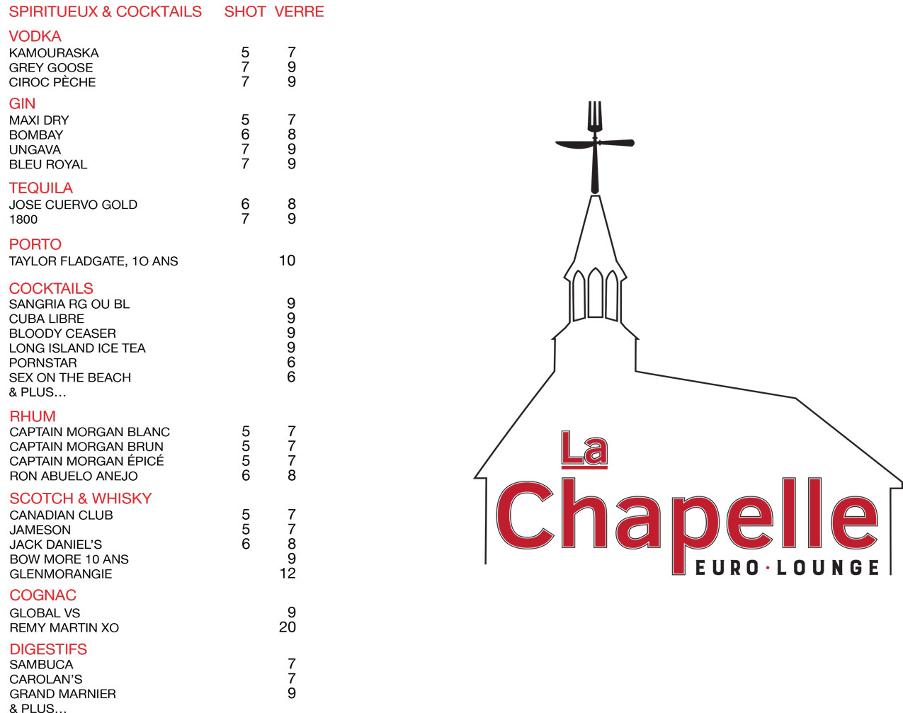 Menu du soir et de la fin de semaine du Resto-Bar La Chapelle