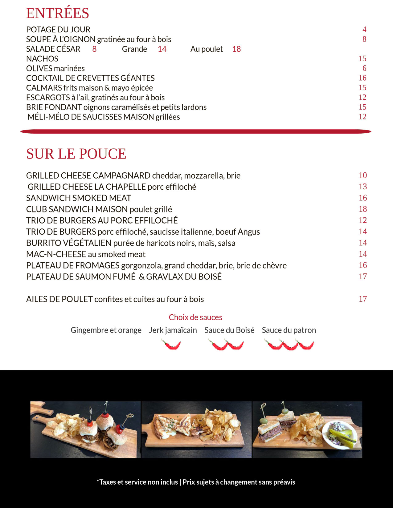 Menu du soir et de la fin de semaine du Resto-Bar La Chapelle