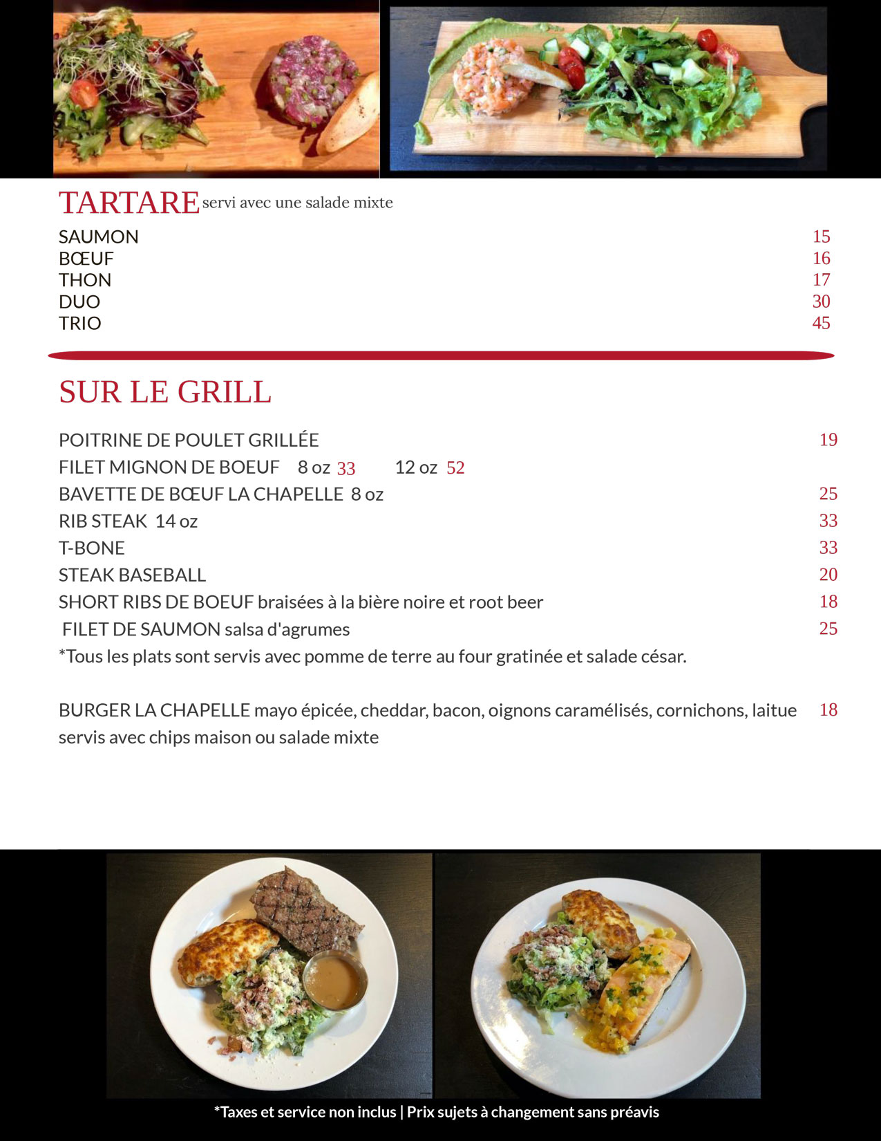 Menu du soir et de la fin de semaine du Resto-Bar La Chapelle