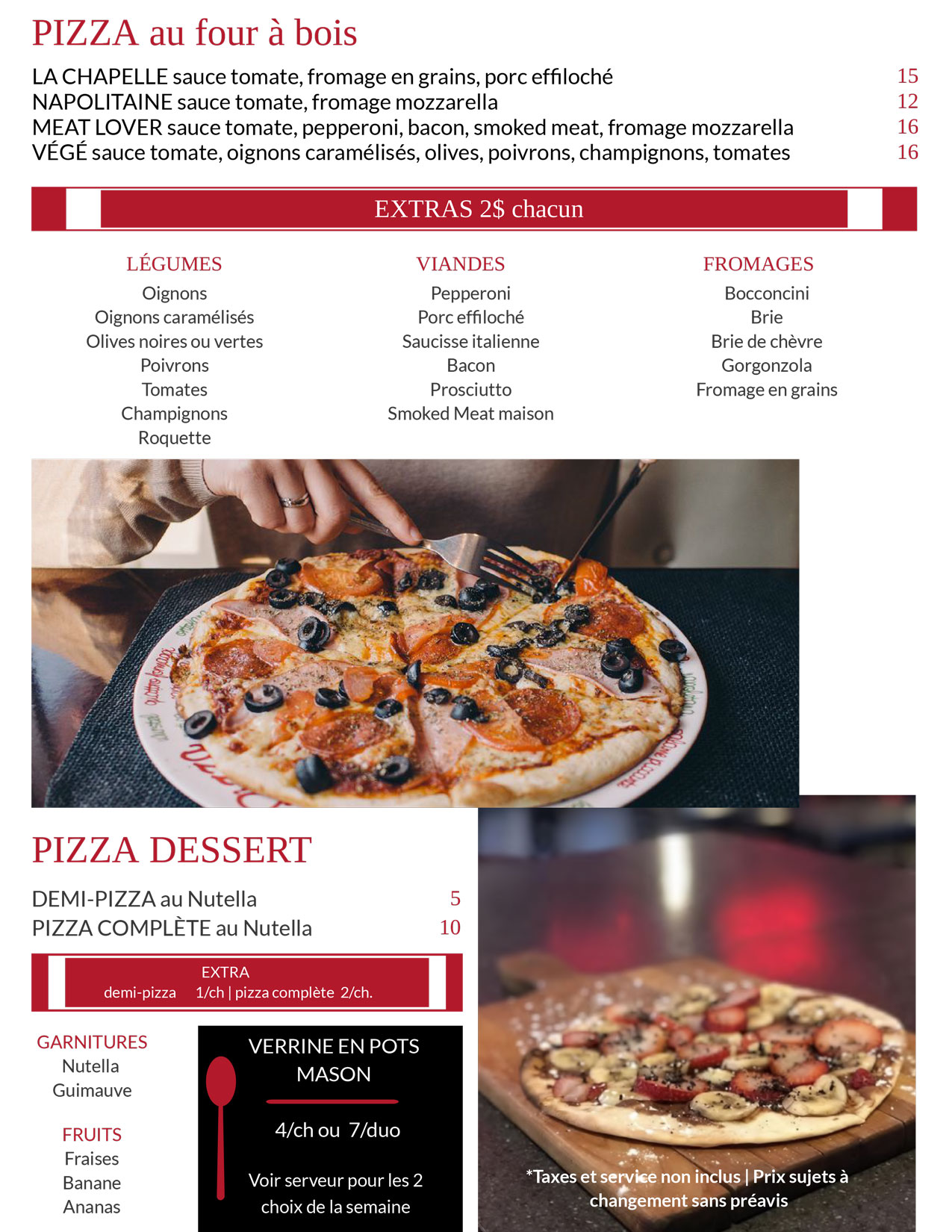 Menu du soir et de la fin de semaine du Resto-Bar La Chapelle
