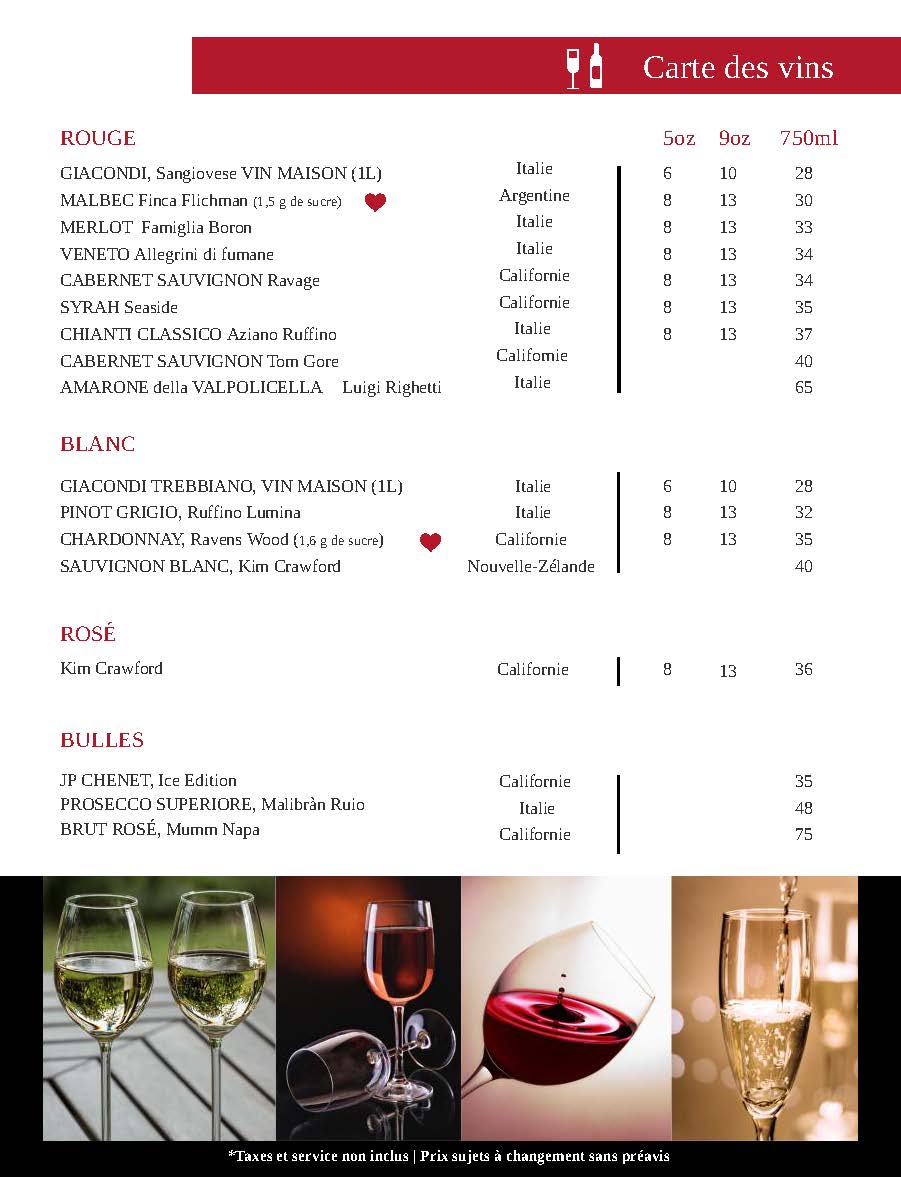 Menu du soir et de la fin de semaine du Resto-Bar La Chapelle