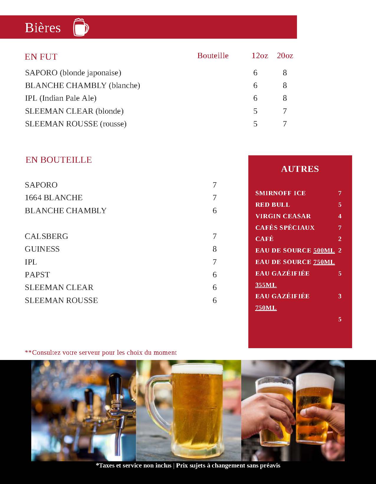 Menu du soir et de la fin de semaine du Resto-Bar La Chapelle