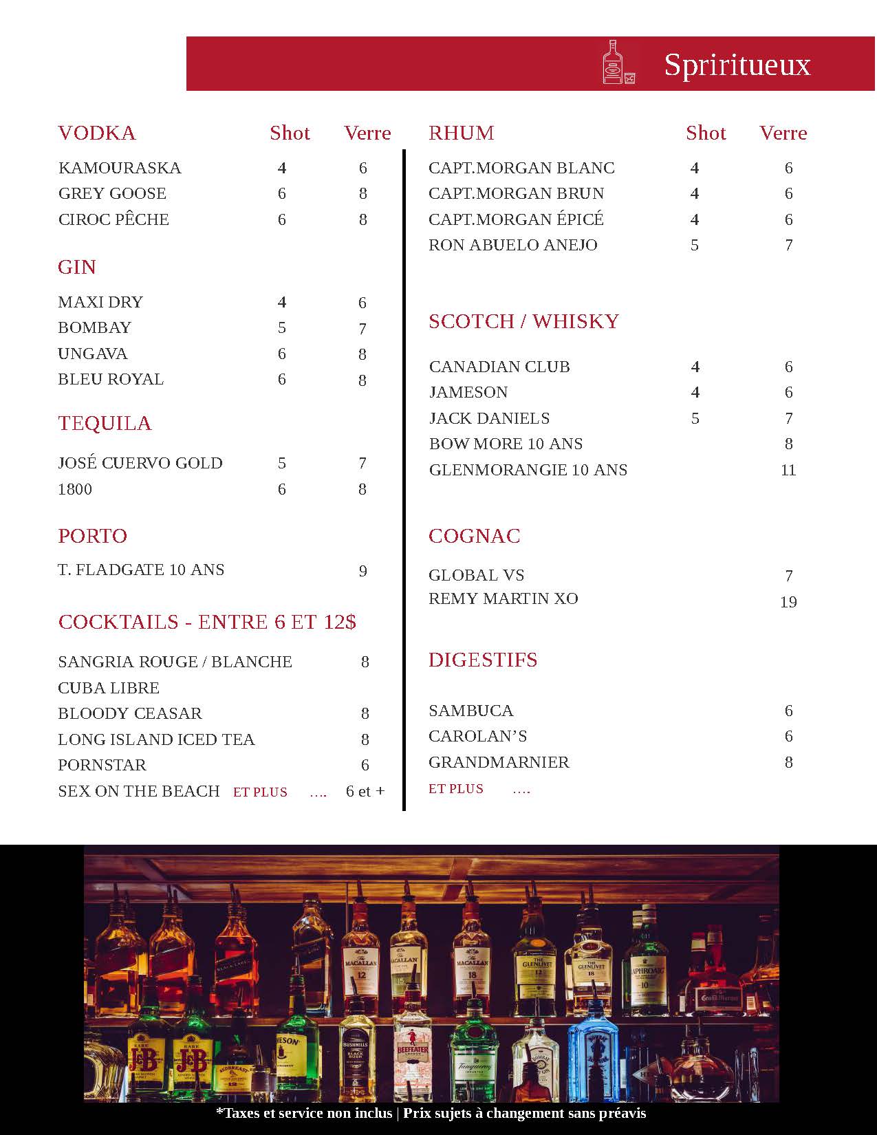 Menu du soir et de la fin de semaine du Resto-Bar La Chapelle