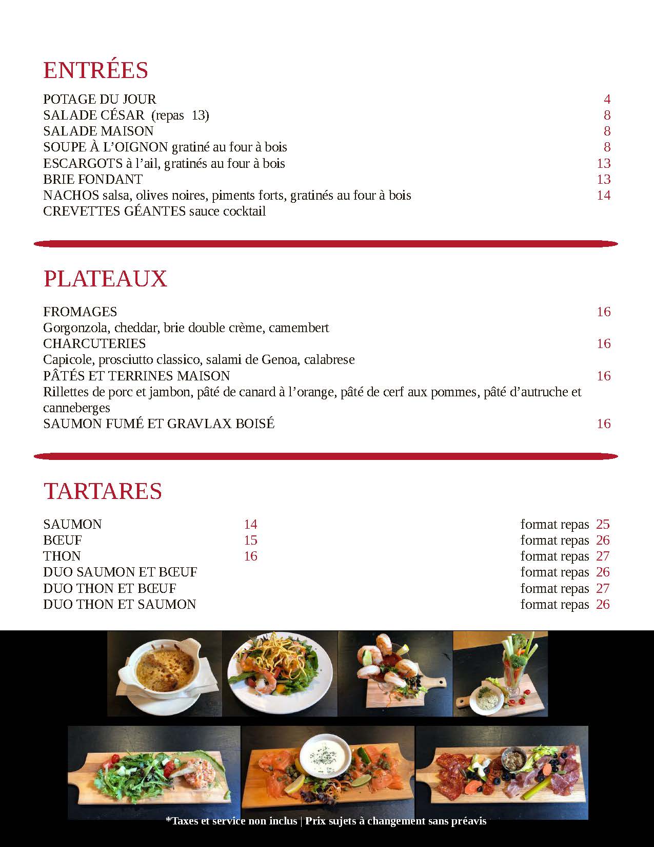 Menu du soir et de la fin de semaine du Resto-Bar La Chapelle