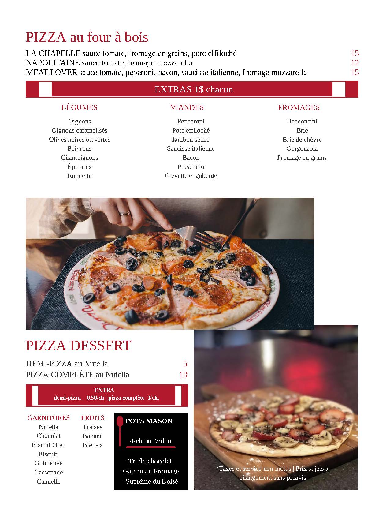 Menu du soir et de la fin de semaine du Resto-Bar La Chapelle