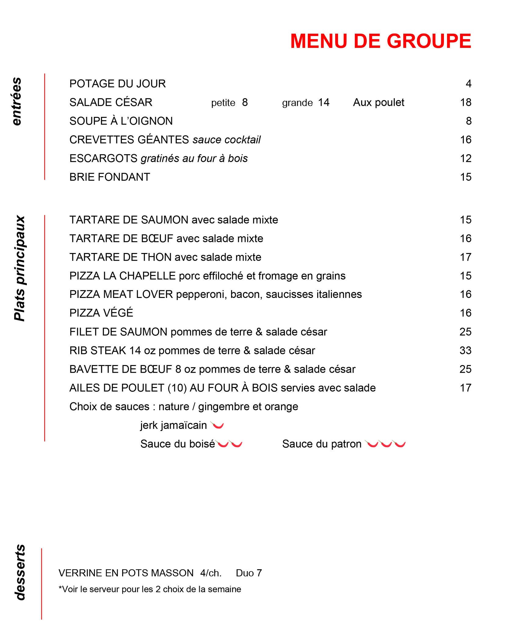 Menu de groupe du Resto-Bar La Chapelle