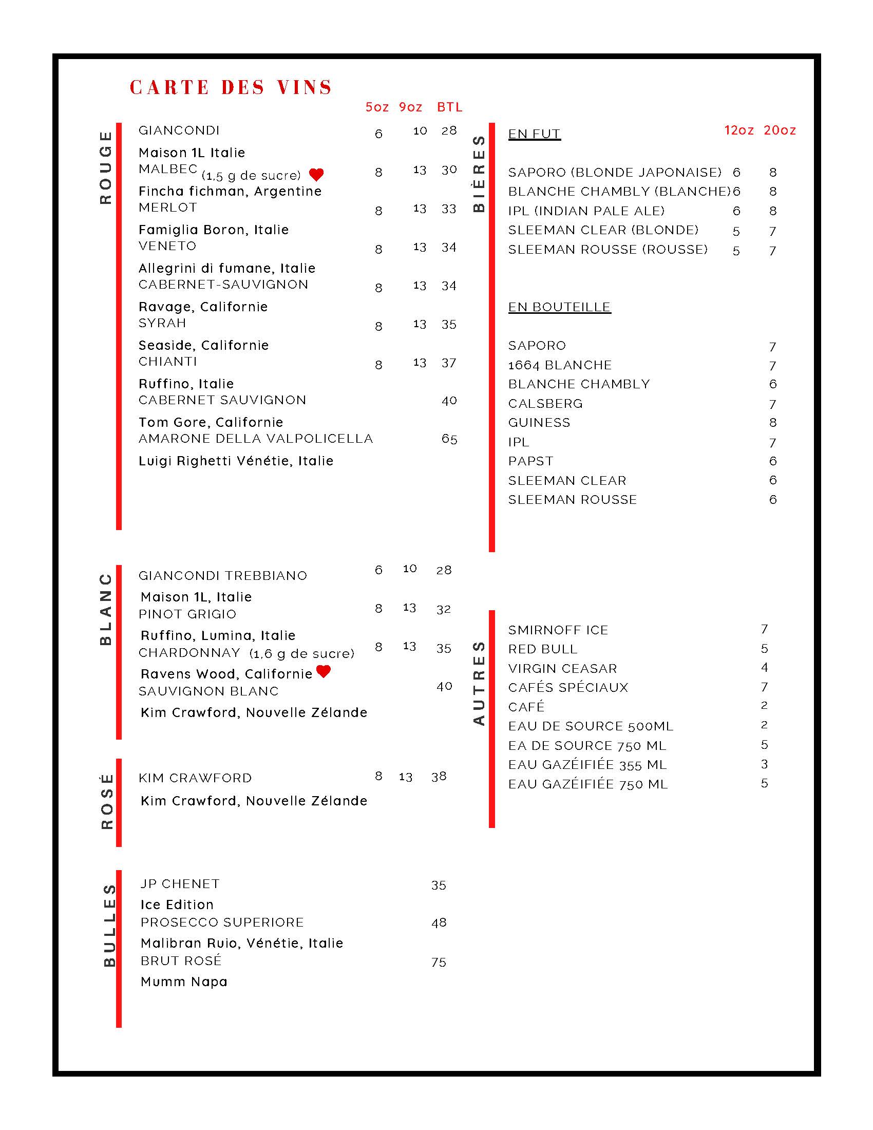 Menu de groupe du Resto-Bar La Chapelle
