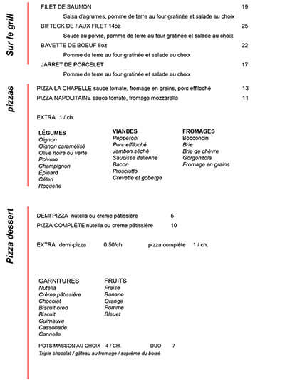 Menu du soir et de la fin de semaine du Resto-Bar La Chapelle