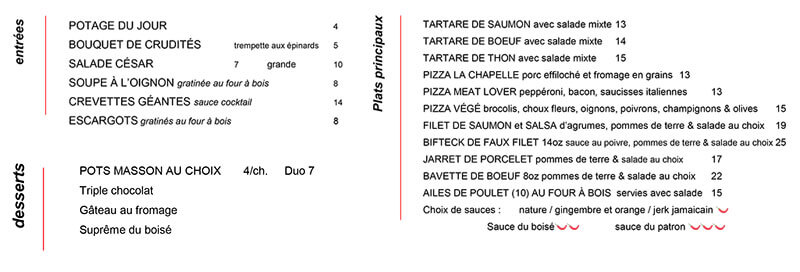 Menu spécial de groupe du Resto-Bar La Chapelle
