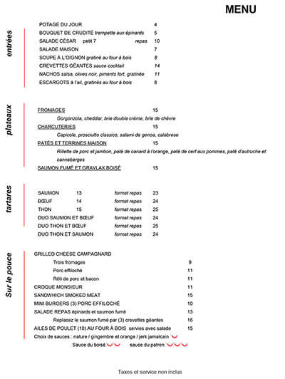Menu du soir et de la fin de semaine du Resto-Bar La Chapelle